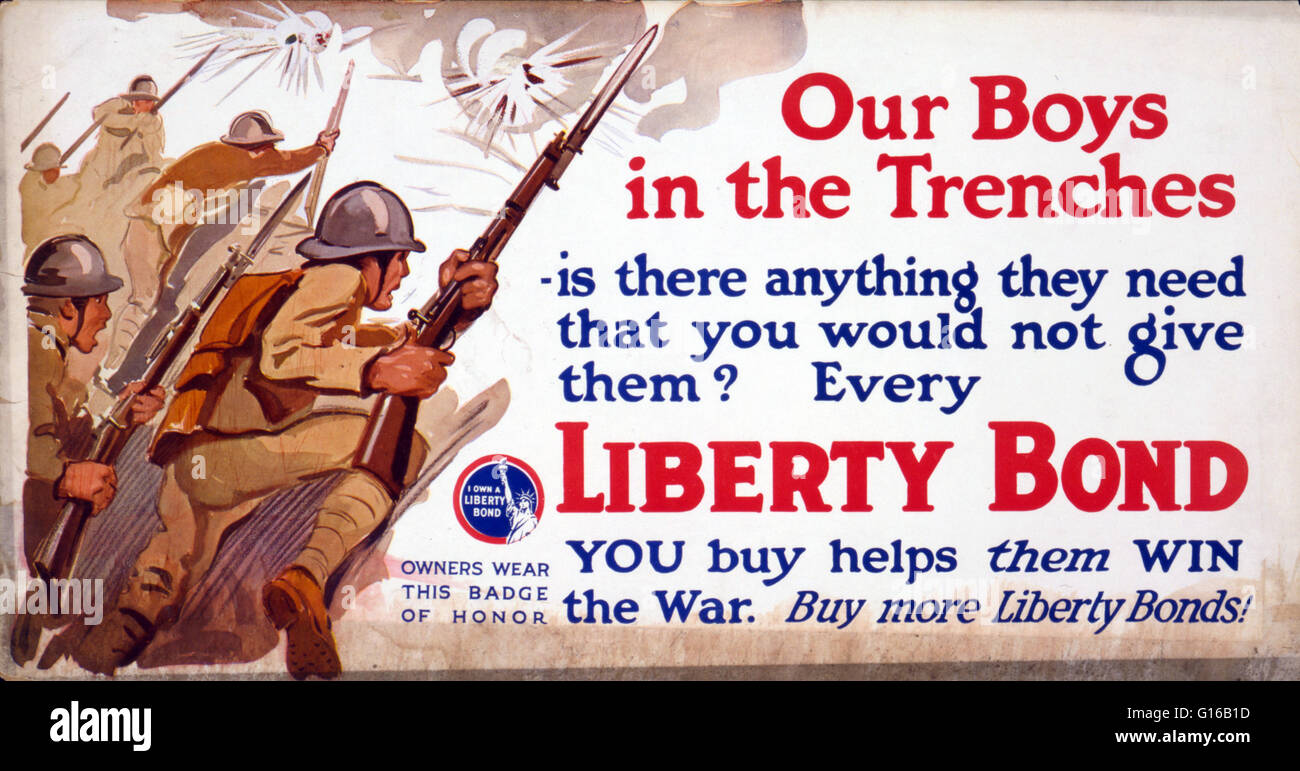 Entitled: 'Our boys in the trenches - is there anything they need that you would not give them? Every Liberty Bond you buy helps them win the war. Buy more Liberty Bonds!' A Liberty Bond was a war bond that was sold in the United States to support the all Stock Photo