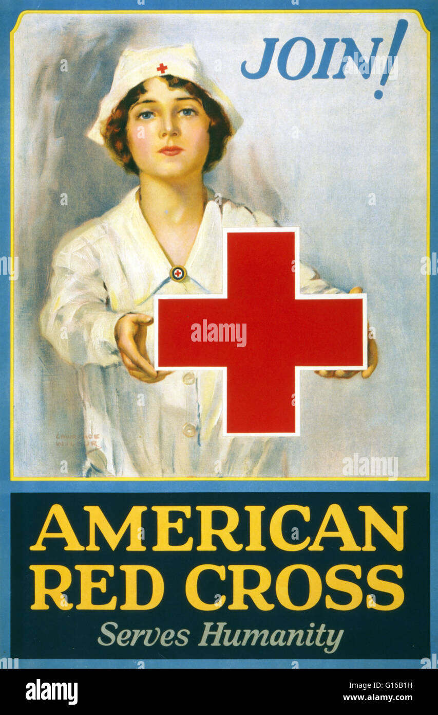 Entitled: 'American Red Cross serves humanity Join!' American Red Cross membership drive poster showing a Red Cross nurse holding a large red cross. During WWI, the American Red Cross faced an unprecedented national need for its service. Raising the funds Stock Photo