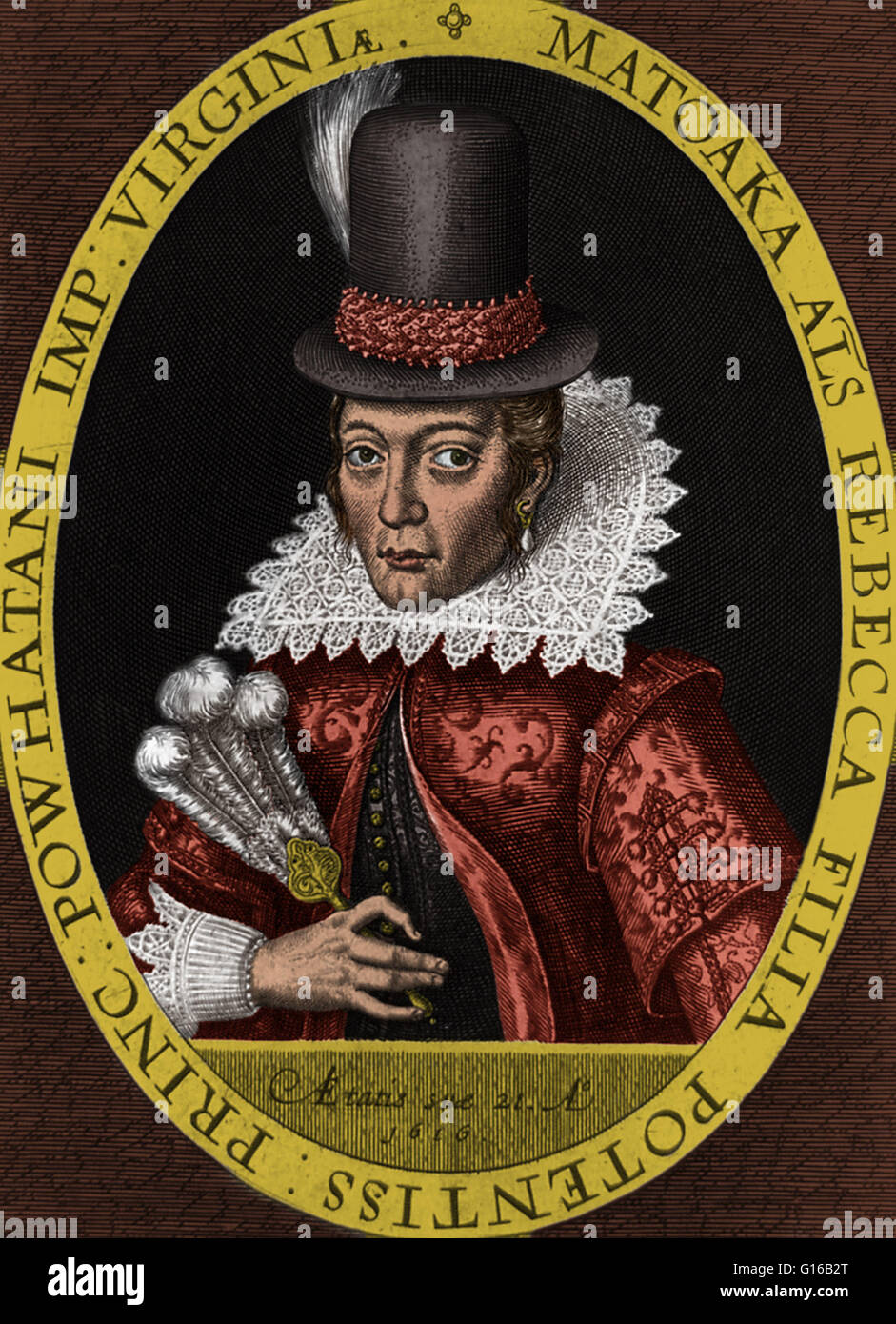 Portrait of Pocahontas (1595-1617), an Algonquian Indian remembered for her association with the colonial settlement at Jamestown, Virginia; ...