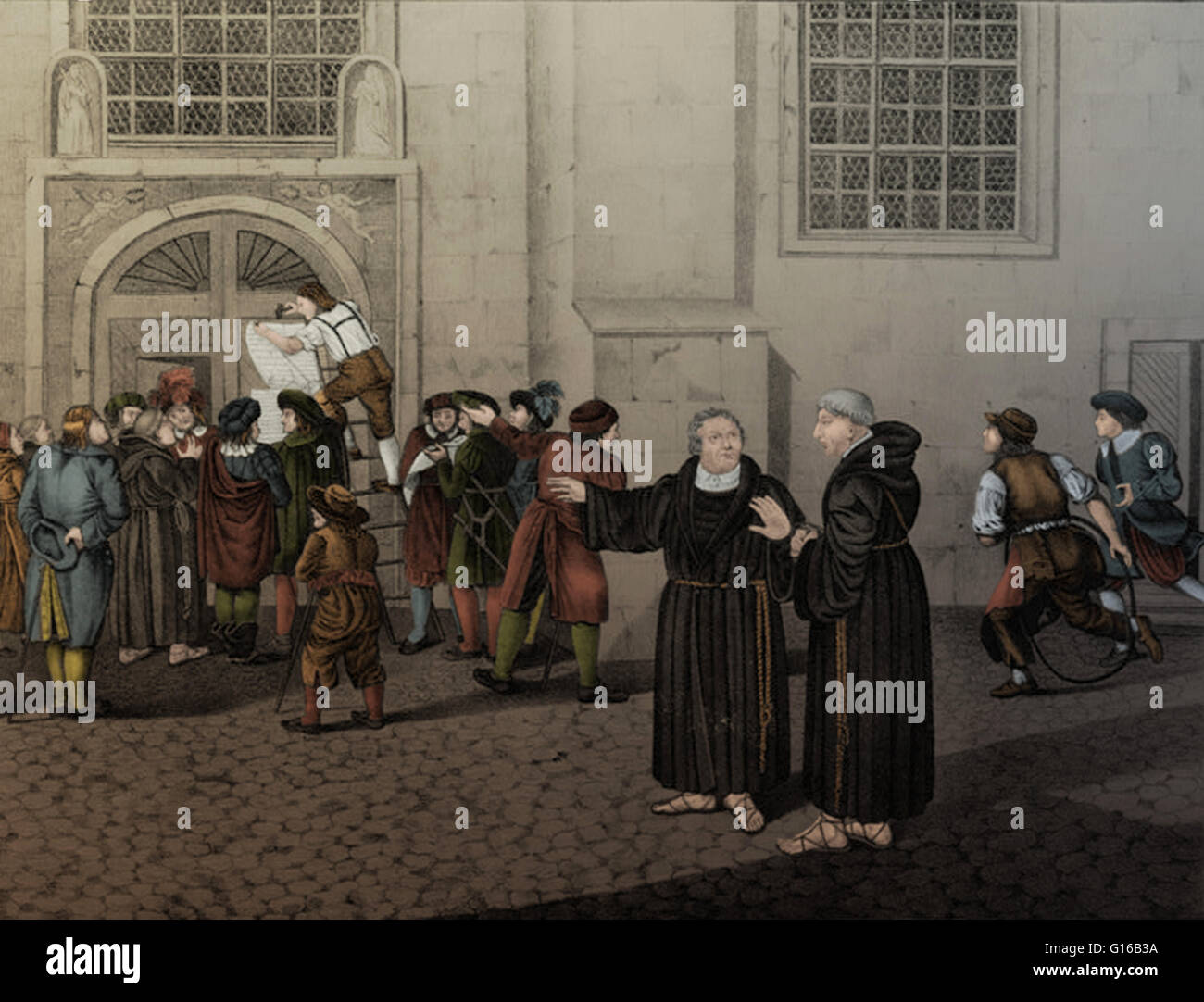 In this 1830 lithograph, a crowd gathers to watch as Martin Luther (1483-1546) posts his 95 theses, protesting the practice of the sale of indulgences, to the door of the castle church in Wittenberg, Germany, in 1517. Stock Photo