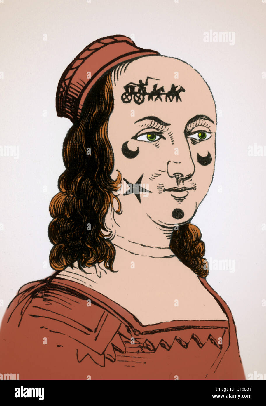 A 17th-century engraving of an extremely patched face. In the 1600s, it was in vogue for both women and men to paste black patches on their faces. Here the patches are in the shape of stars and moons and a carriage with horses. At first, the patches may h Stock Photo