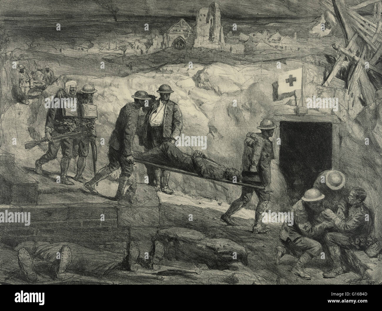 Sketch of wounded soldiers entering an aid station during World War I by Lucien Jonas. During combat or training operations, military units may establish aid stations behind front lines to provide medical support to troops in the field. In United States m Stock Photo