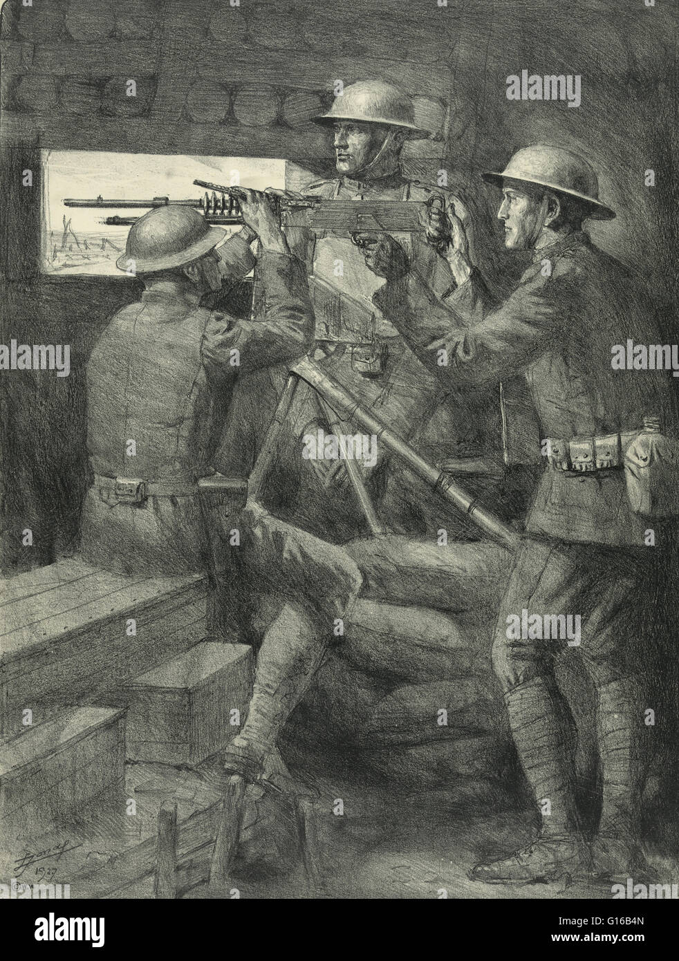 Entitled: A machine gun emplacement in the old Verdun trenches. Sketch of soldiers aiming a machine gun through a bunker window in World War I. Verdun was the site of a major battle of the First World War. One of the costliest battles of the war, Verdun e Stock Photo