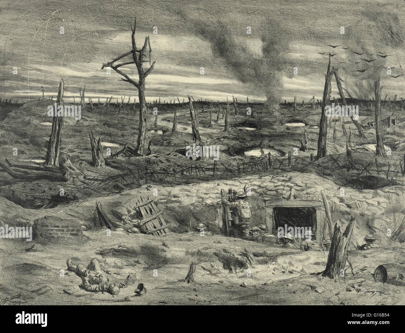 Entitled: No man's land. Sketch shows soldiers during a battle in World War I by Lucien Jonas. In World War I, no man's land was often ranged from several hundred yards to in some cases less than 10 yards. Heavily defended by machine guns, mortars, artill Stock Photo