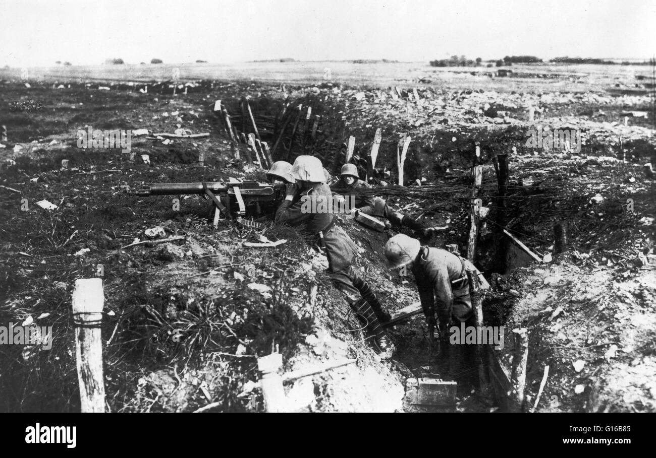 'German machine gun crew fires upon enemy positions.' The Battle of Amiens was the opening phase of the Allied offensive later known as the Hundred Days Offensive that ultimately led to the end of the WWI. Allied forces advanced over seven miles on the fi Stock Photo