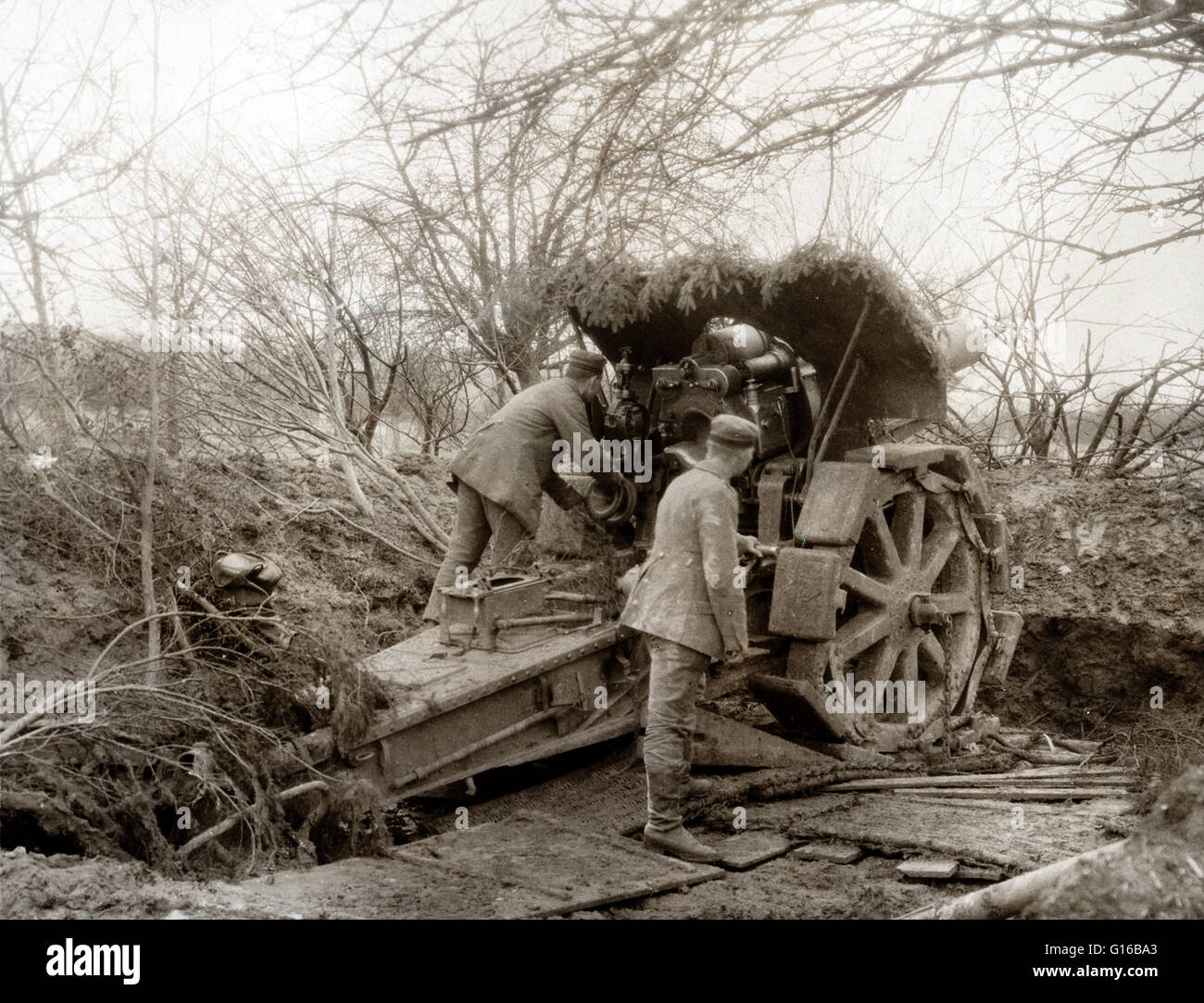 Soldiers at howitzer camouflaged with evergreen branches. The early 20th century saw the introduction of super-heavy siege howitzers. They were transported mechanically rather than by teams of horses and had to be assembled on their firing position. The o Stock Photo