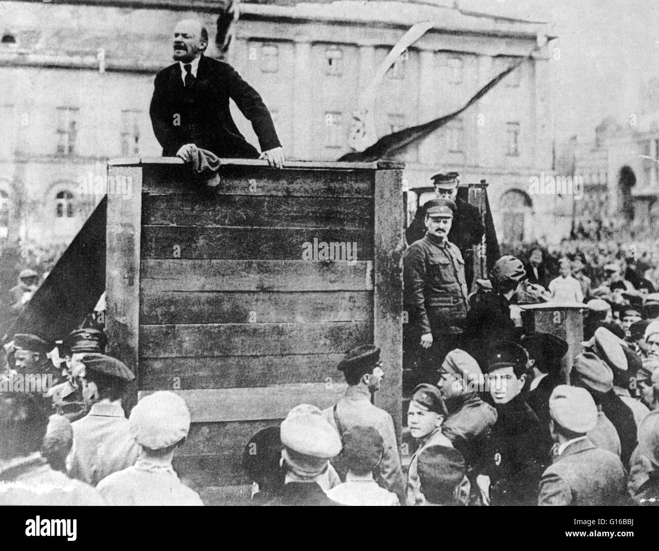 Lenin addressing Russian soldiers about to fight the Polish Army, Petrograd, Russia, 1920. Leon Trotsky and Lev Borisovich Kamenev stand at right. Vladimir Ilyich Lenin (April 22, 1870 - January 21, 1924) was a Russian Marxist revolutionary, communist pol Stock Photo