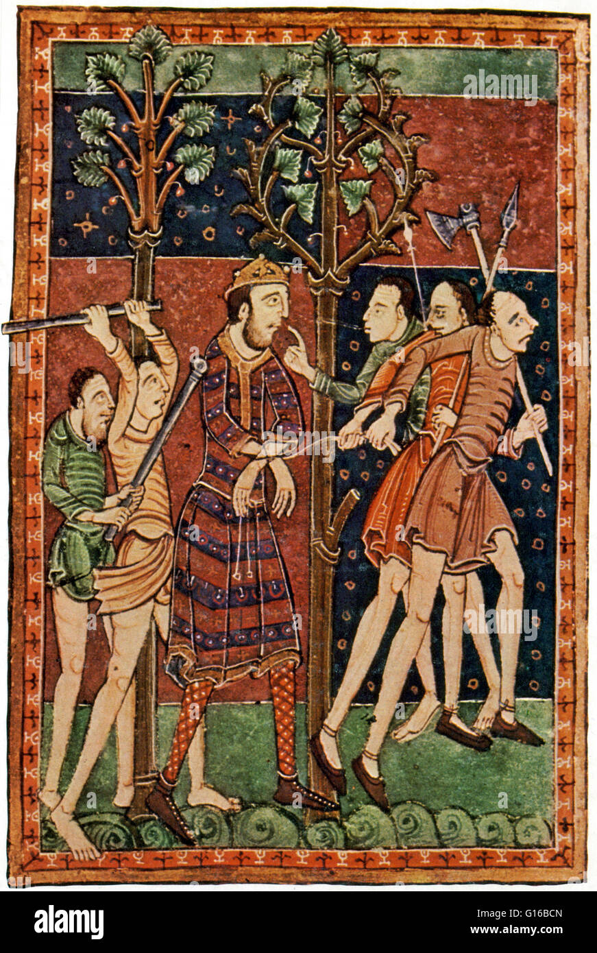 Captioned: 'Vikings dethroning King Edmund of East Anglia, England.' Illuminated manuscript, 'Life of Edmund', unknown artist, circa 1130. Edmund the Martyr (841 - November 20, 869) was king of East Anglia, an independent Anglo-Saxon kingdom that comprise Stock Photo