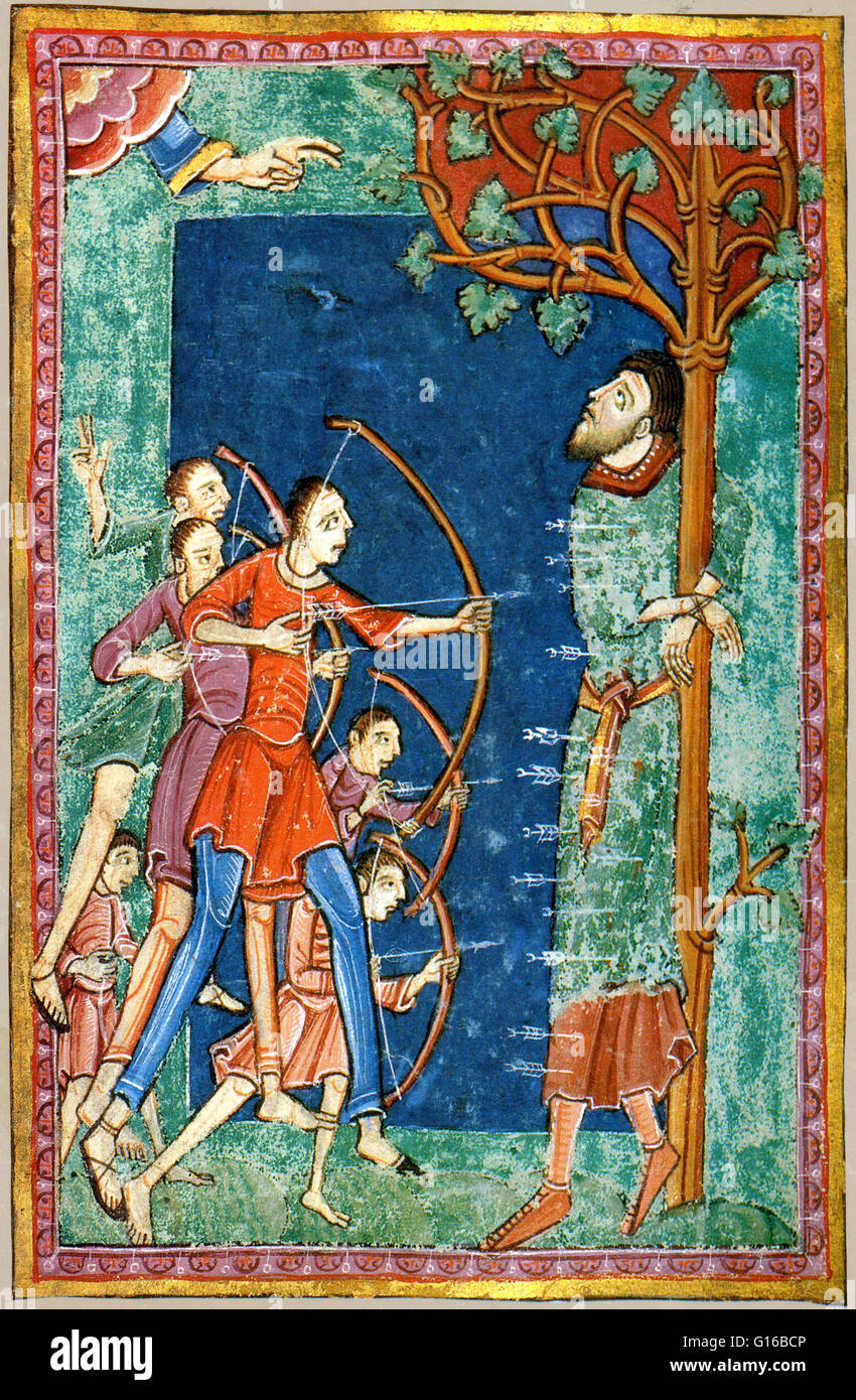 Captioned: 'After binding King Edmund to an oak tree, Viking archers let fly their arrows, piercing the defeated English Monarch with their shafts until he resembled, as a church chronicler later wrote a sea 'urchin whose skin is closely set with quills'. Stock Photo