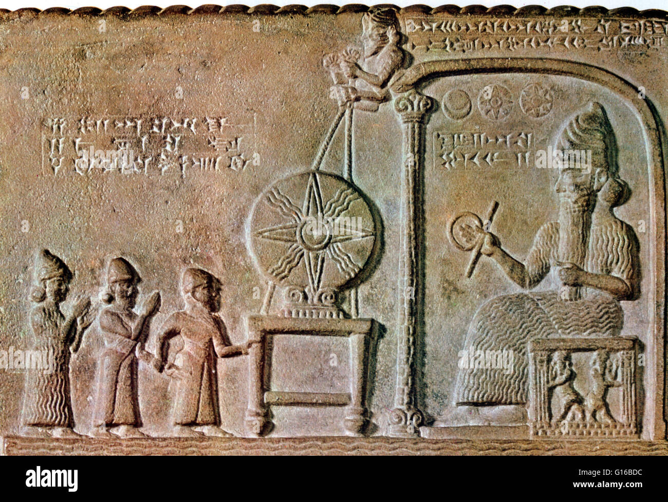 The Tablet of Shamash is a stone tablet recovered from the ancient Babylonian city of Sippar in southern Iraq in 1881. It is dated to the reign of King Nabu-apla-iddina circa 888-855 BC. The bas-relief on the top of the obverse shows Shamash, the Sun God, Stock Photo