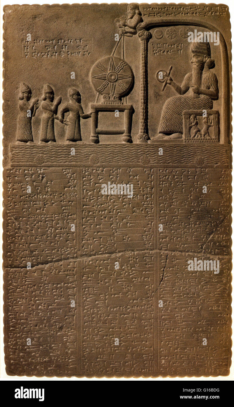 The Tablet of Shamash is a stone tablet recovered from the ancient Babylonian city of Sippar in southern Iraq in 1881. The bas-relief on the top of the obverse shows Shamash, the Sun God, beneath symbols of the Sun, Moon and Venus. He is depicted in a sea Stock Photo