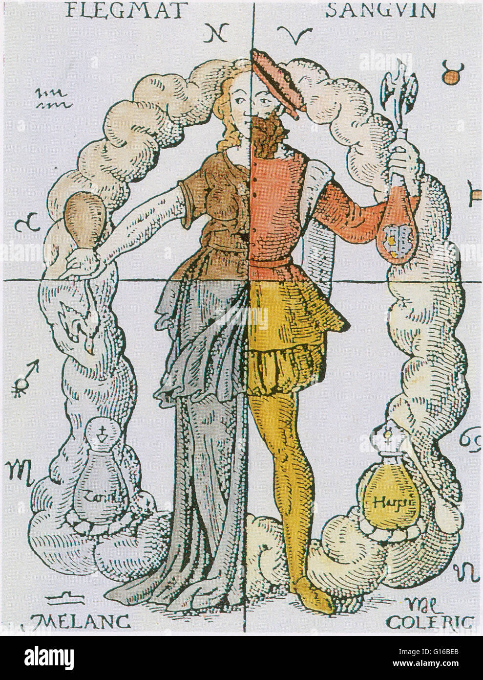 Caption: 'Four Humors, from Book of Alchemy by Thurn-Heisser, Leipzig, Germany (1574).' Illustrating the four humors with a half male and half female figure. Humorism was a belief that an excess or deficiency of any of four distinct bodily fluids known as Stock Photo