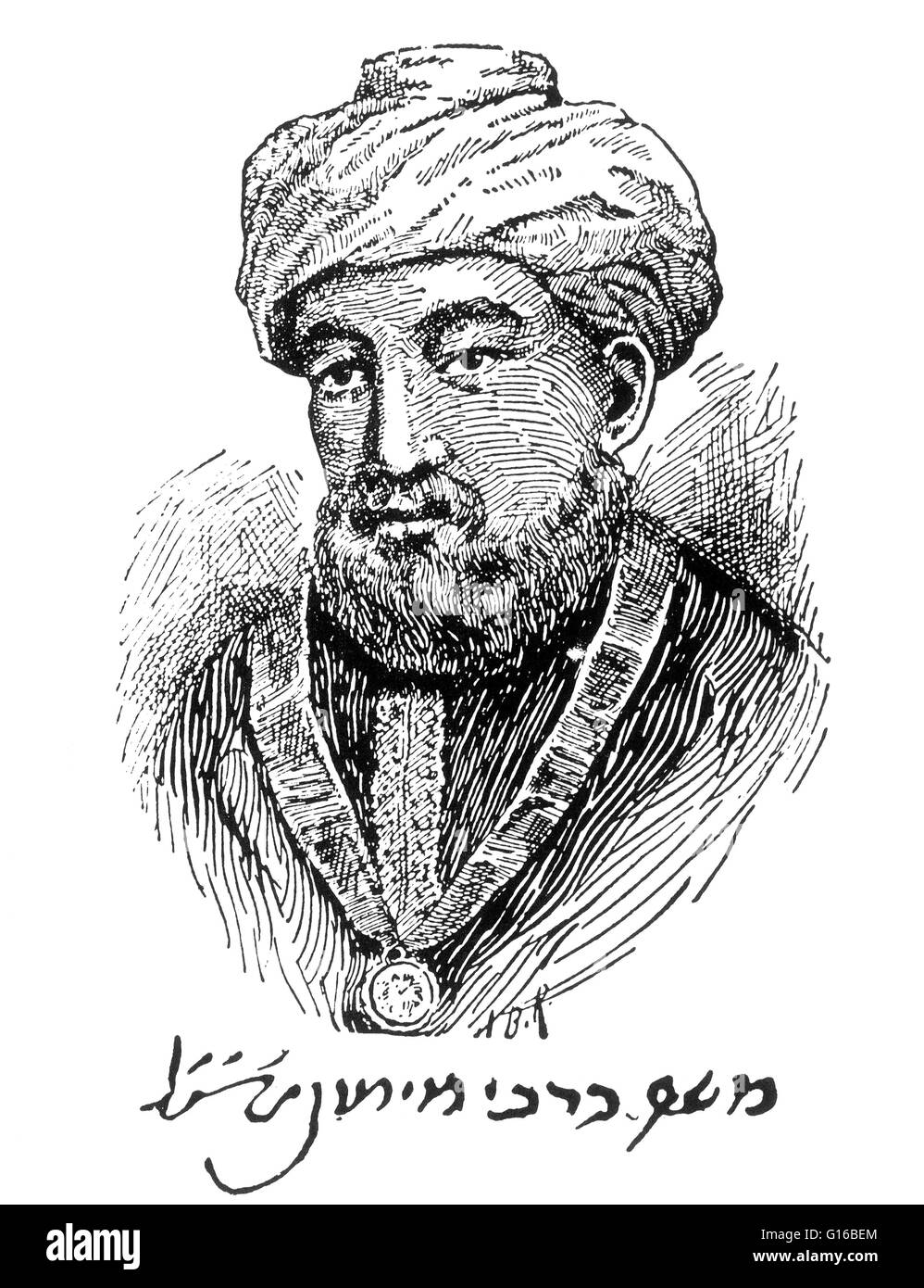 Caption: 'Engraved portrait of Maimonides, as he was thought to look, with his autograph in facsimile.' Mosheh ben Maimon (1135 - December 12, 1204) was a preeminent medieval Spanish, Sephardic Jewish philosopher, astronomer and one of the most prolific a Stock Photo