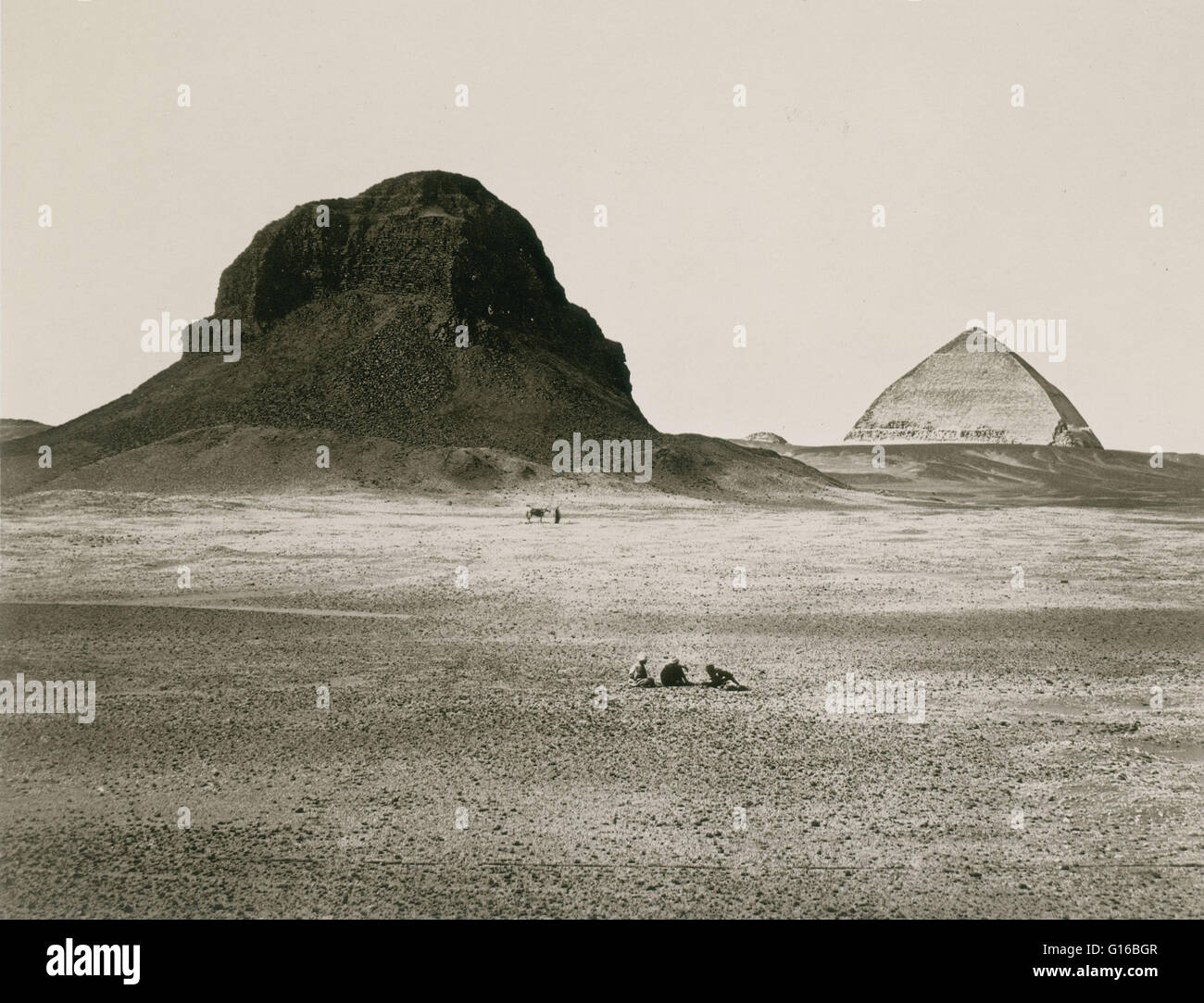 Caption: 'Pyramids of Dahshoor, From the East, 1857, photographed by Francis Firth.' The Bent Pyramid is an ancient Egyptian pyramid located at the royal necropolis of Dahshur, built under the Old Kingdom Pharaoh Sneferu (circa 2600 BC). A unique example Stock Photo
