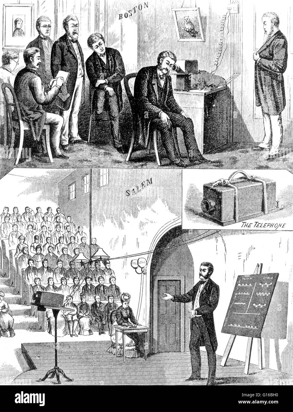 The public had to be taught the principle and function of the telephone. Gardner Hubbard, Bell's father-in-law, arranged a series of lectures to be given by Bell and Watson. The first demonstration was given before the Essex Institute of Salem, in 1877. W Stock Photo