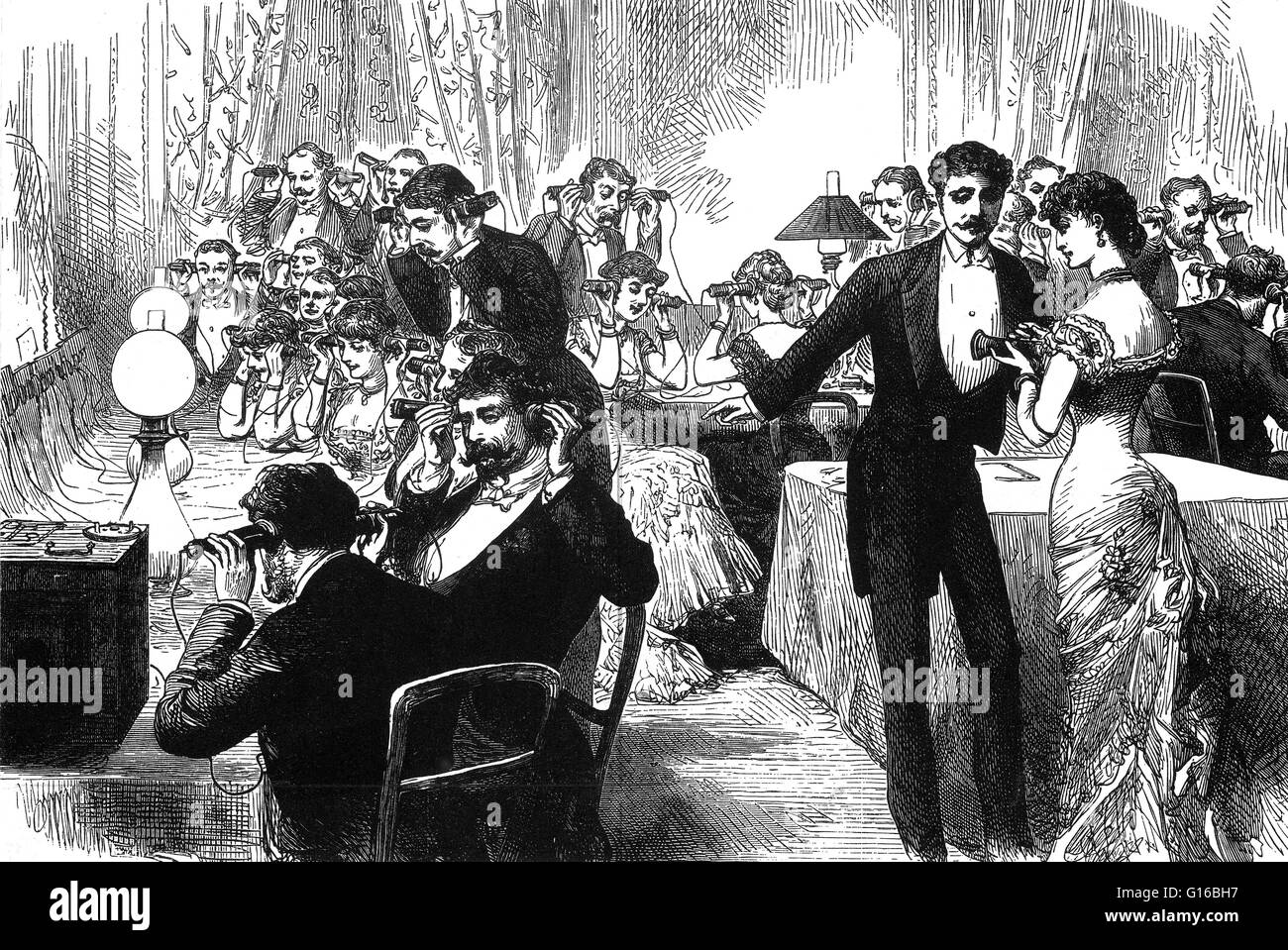 New Year's telephone party, 1882. Illustrating the popularity of Alexander Graham Bell's invention, patented in 1876. The novelty of the invention proved very popular, especially at parties. Listeners with 'hearing tubes' could all hearing the same messag Stock Photo