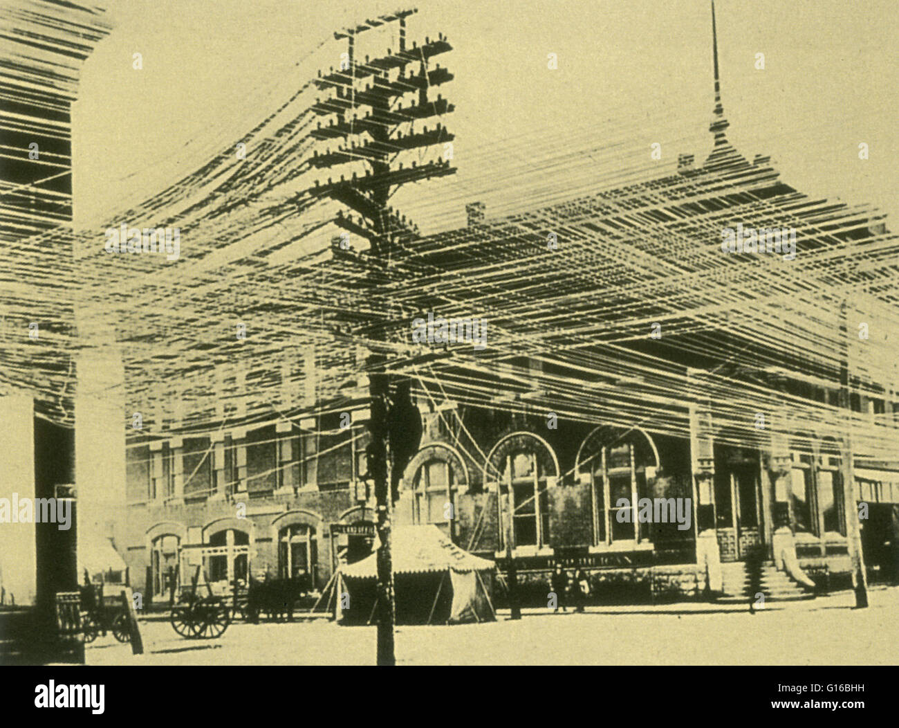 Maze of wires in Pratt, Kansas, 1900. A telephone line or telephone