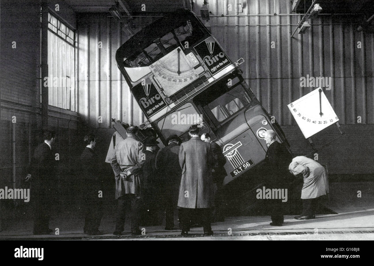 Proof that the Route Master, the last and greatest bus specially designed for conditions in London, was incredibly stable, even at an angle of over 30 degrees from the vertical. No date, photographer or agency credited. Stock Photo