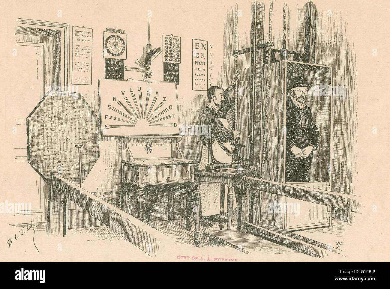 Caption: 'The clinic. The optical room and the elevator leading to the patients' rooms. Paris, 1892.' An eye examination is a series of tests performed by an ophthalmologist (medical doctor), optometrist, or orthoptist assessing vision and ability to focu Stock Photo