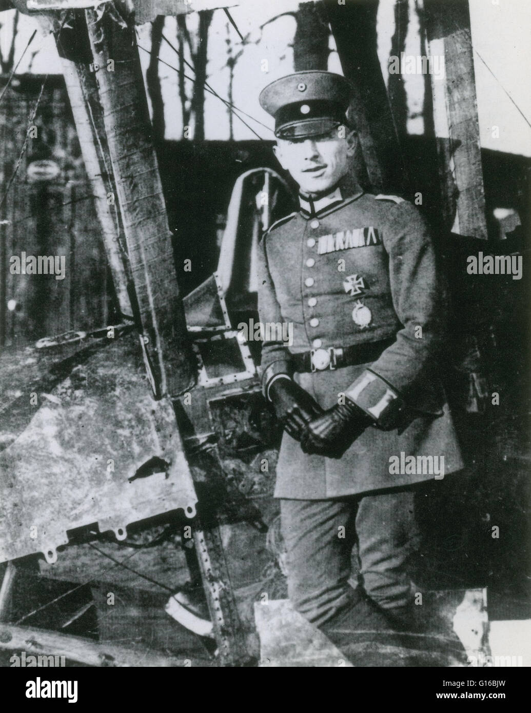 Immelmann posing beside one of his kills. Max Immelmann (September 21, 1890 - June 18, 1916) was the first German WWI flying ace. He was born in South Africa but chose to renounce his British nationality while studying medicine in Germany. Having thereaft Stock Photo