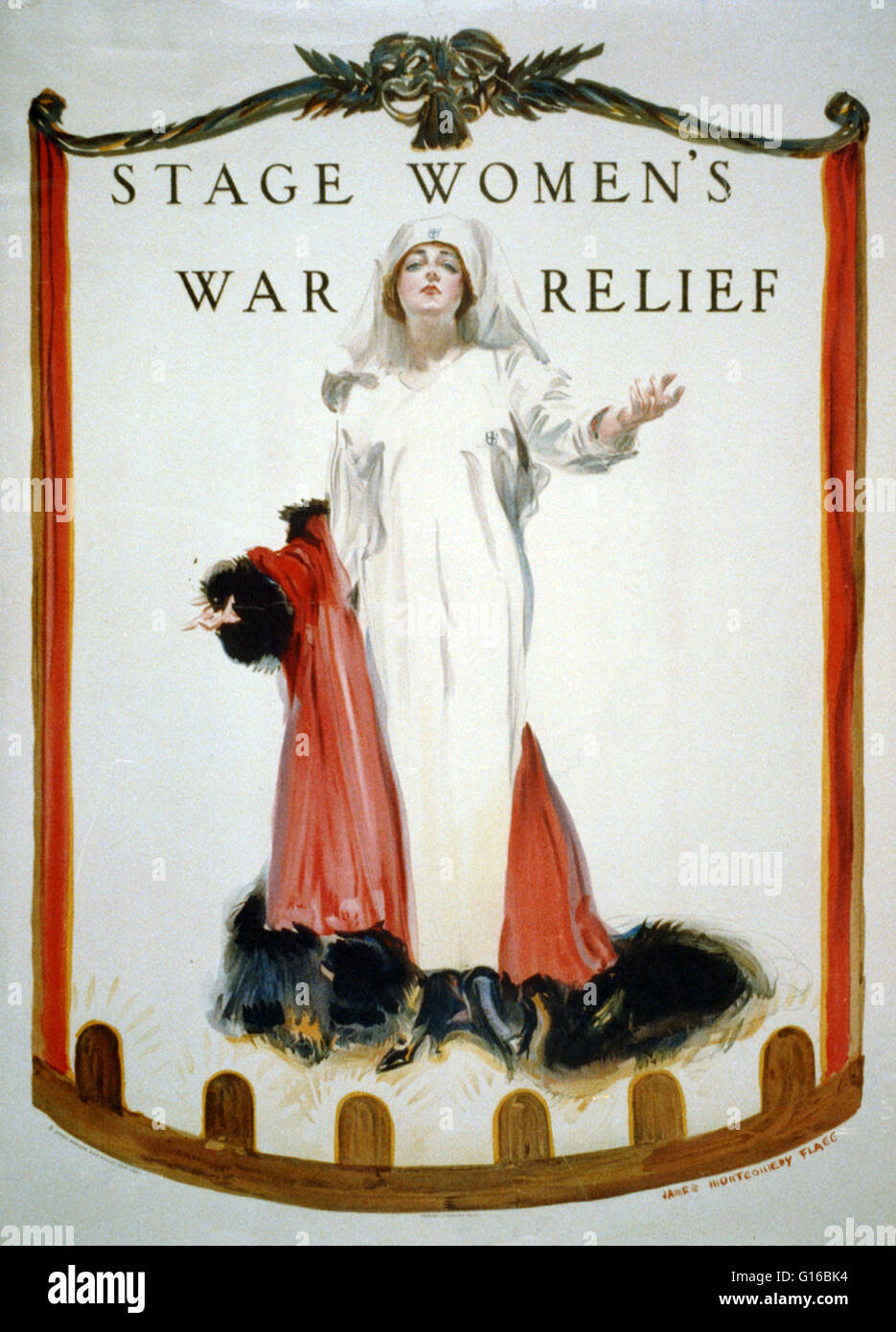 Entitled: 'Stage women's war relief, 1918.' Poster showing a woman on stage, throwing off a scarlet, fur-trimmed cloak to reveal her white volunteer's uniform. The Stage Women's War Relief was born and began operation on the eve of America's entry into th Stock Photo