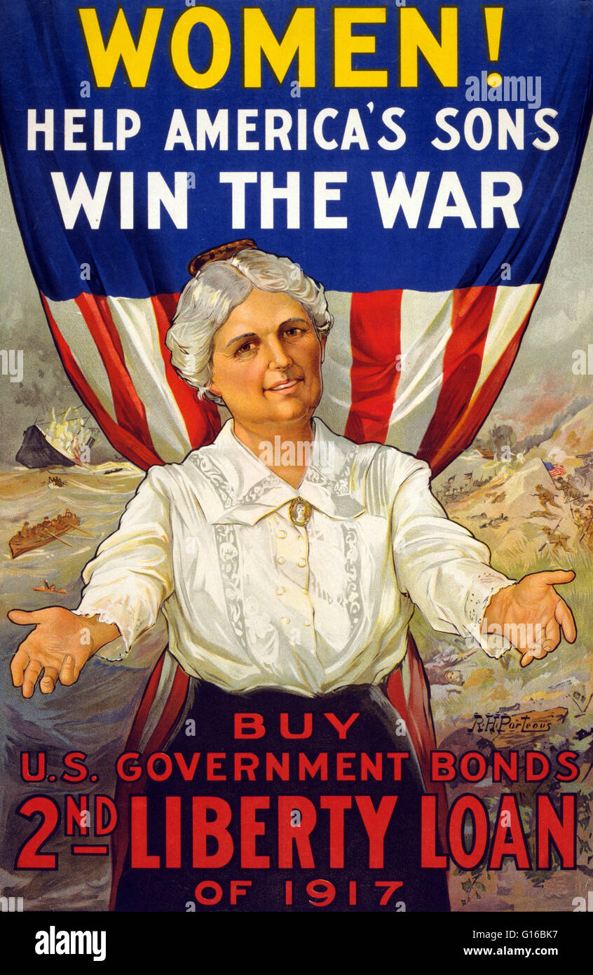 Entitled: 'Women! Help America's sons win the war. Buy U.S. Government Bonds, 2nd Liberty Loan of 1917'. Poster showing woman standing in front of U.S. flag with hands outstretched. A Liberty Bond was a war bond that was sold in the United States to suppo Stock Photo