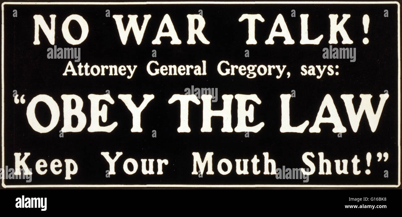 Entitled: 'No war talk! Attorney General Gregory says, 'Obey the law, keep your mouth shut!', 1917. In 1914, President Wilson appointed Thomas Watt Gregory Attorney General of the United States, and he held that office until 1919. His performance as attor Stock Photo