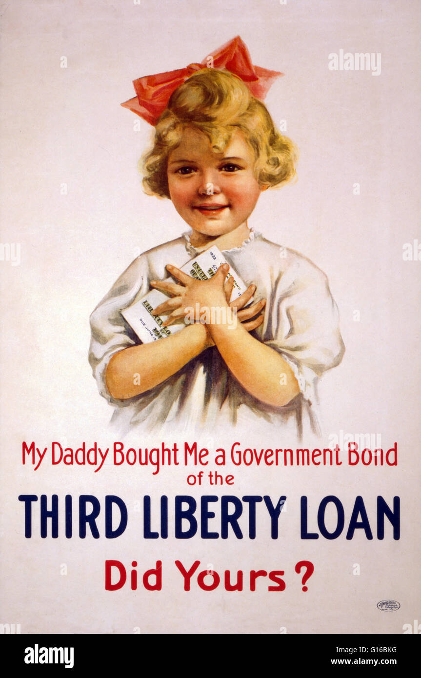Entitled: 'My daddy bought me a government bond of the Third Liberty Loan - Did yours?'. Poster showing a little girl with a ribbon in her hair, clutching a Liberty Loan bond. A Liberty Bond was a war bond that was sold in the United States to support the Stock Photo