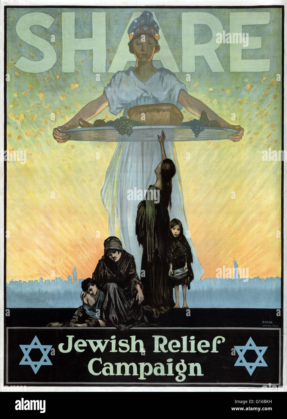 Entitled: 'Share - Jewish Relief Campaign'. Poster showing a monumental female figure with a tray of food, poor women and children at her feet, with the skyline of New York City in the background. In the early days of WW, groups representing three diverse Stock Photo