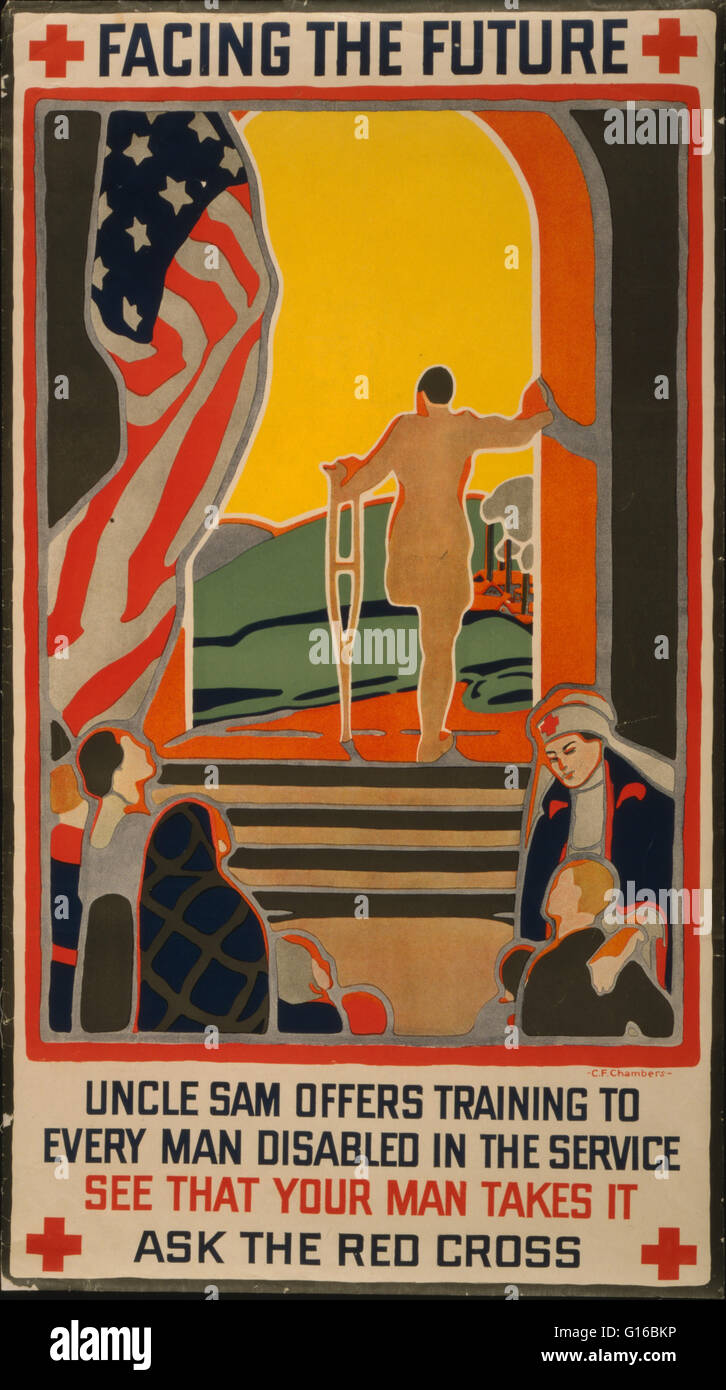 Entitled: 'Facing the future Uncle Sam offers training to every man disabled in the service - See that your man takes it - Ask the Red Cross'. Poster showing a disabled man with a crutch standing in a doorway looking at landscape beyond, with Red Cross nu Stock Photo