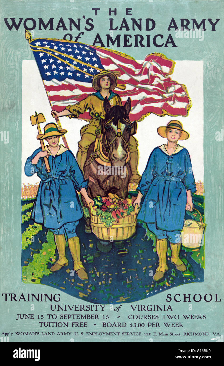 Entitled: 'The Woman's Land Army of America - Training school, University of Virginia - Apply Woman's Land Army, U.S. Employment Service, Richmond, Virginia, 1918'. The Woman's Land Army of America (WLAA) was a civilian organization created during WWI to Stock Photo