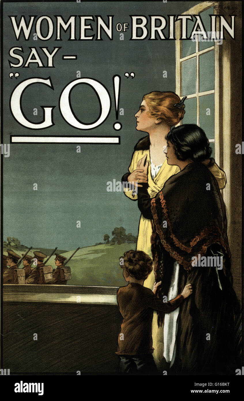 Entitled: 'Women of Britain say - Go!' Poster showing two women and a child looking out a window, as soldiers march away. In August 1914, 300,000 men signed up to fight, and another 450,000 had joined up by the end of September. Recruitment remained fairl Stock Photo