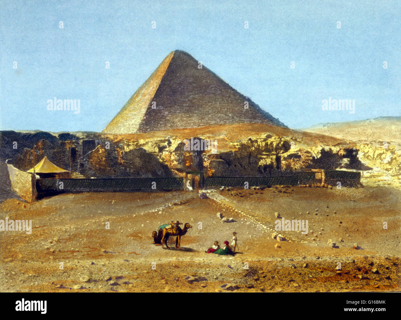 Entitled: 'Pyramide de Cheops - daguerreotype, N.P. Lerebours'. View of the pyramid with people and camels in the foreground. The Great Pyramid of Giza is the oldest and largest of the three pyramids in the Giza Necropolis bordering what is now El Giza, E Stock Photo