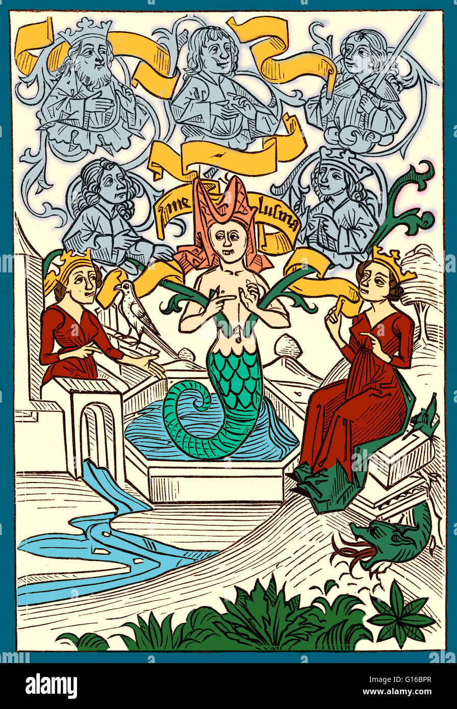 Color enhancement of Melusine, a figure of European legends and folklore, a feminine spirit of fresh waters in sacred springs and rivers. Melusine is usually depicted as a woman who is a serpent or fish from the waist down (much like a mermaid). She is al Stock Photo