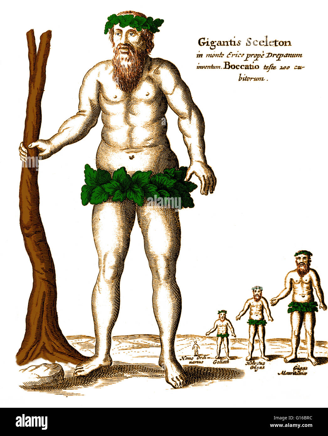Color enhanced illustration of giants from Mundus Subterraneus by Athanasius Kircher (1664). The mythology and legends of many different cultures include monsters of human appearance but prodigious size and strength. Giant is the English word commonly use Stock Photo