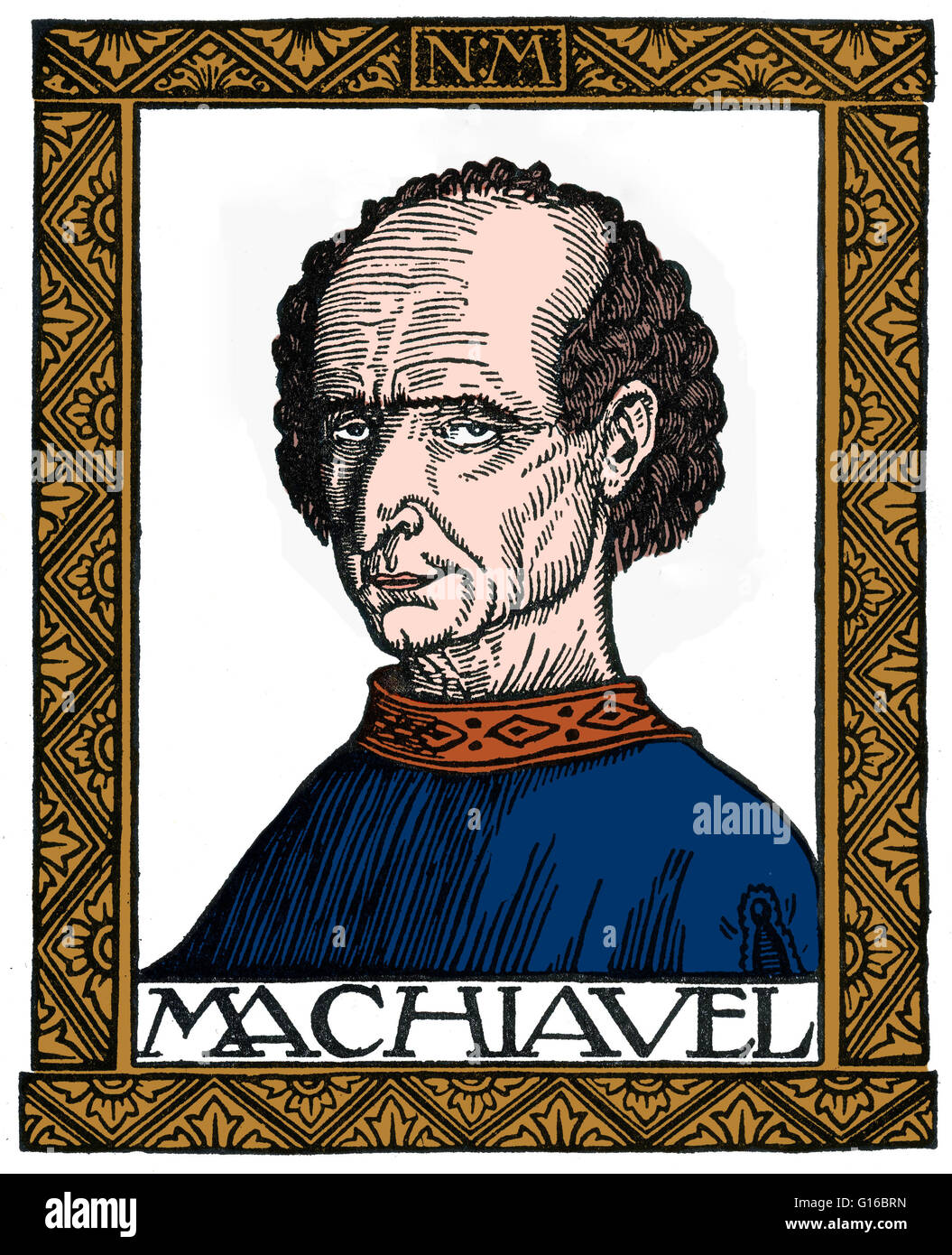 Color enhanced artwork of Niccolo di Bernardo dei Machiavelli (May 3, 1469 - June 21,1527), an Italian historian, politician, diplomat, philosopher, humanist and writer based in Florence during the Renaissance. He was for many years an official in the Flo Stock Photo