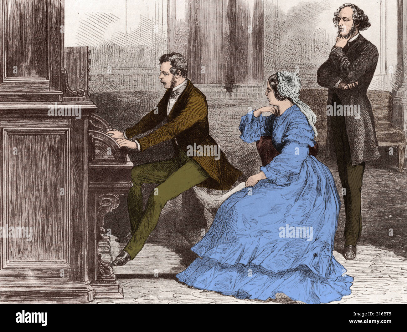 Color enhancement of an artwork entitled: The Prince Consort (Albert) playing the organ before Mendelssohn while the Queen looks on, at Buckingham Place, 1842. Jakob Ludwig Felix Mendelssohn Bartholdy (February 3, 1809 - November 4, 1847) was a German com Stock Photo