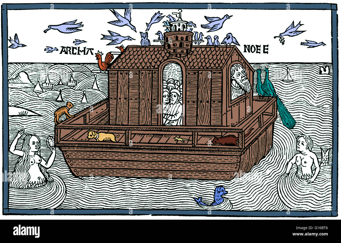 Color enhancement of a woodcut of Noah's Ark with merfolk from the Nuremberg Chronicle, 1493. Noah was the tenth and last of the antediluvian (pre-flood) Patriarchs. The story of Noah and the Ark is told in the Genesis flood narrative, and also told in Su Stock Photo
