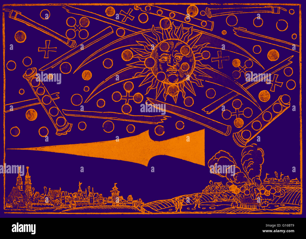 Color enhancment of a 16th century woodcut called Nuremberg UFO by