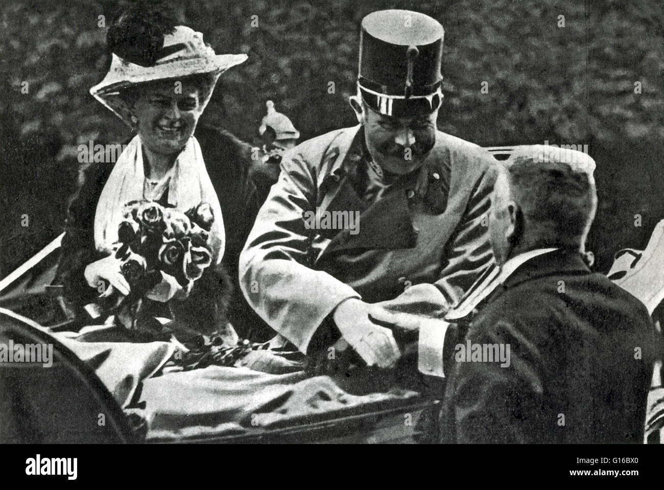 Caption: 'Archduke Ferdinand and his wife in Sarajevo just before their assassination, June 1914.' Franz Ferdinand (December 18, 1863 - June 28, 1914) was an Archduke of Austria-Este, Austro-Hungarian and Royal Prince of Hungary and of Bohemia, and from 1 Stock Photo