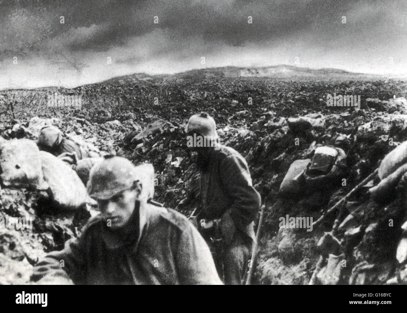 Germans in trench near Verdun, as their artillery barrage begins. The Battle of Verdun was fought from February 21 - December 18, 1916 during WWI on the Western Front between the German and French armies, on hills north of Verdun-sur-Meuse in north-easter Stock Photo