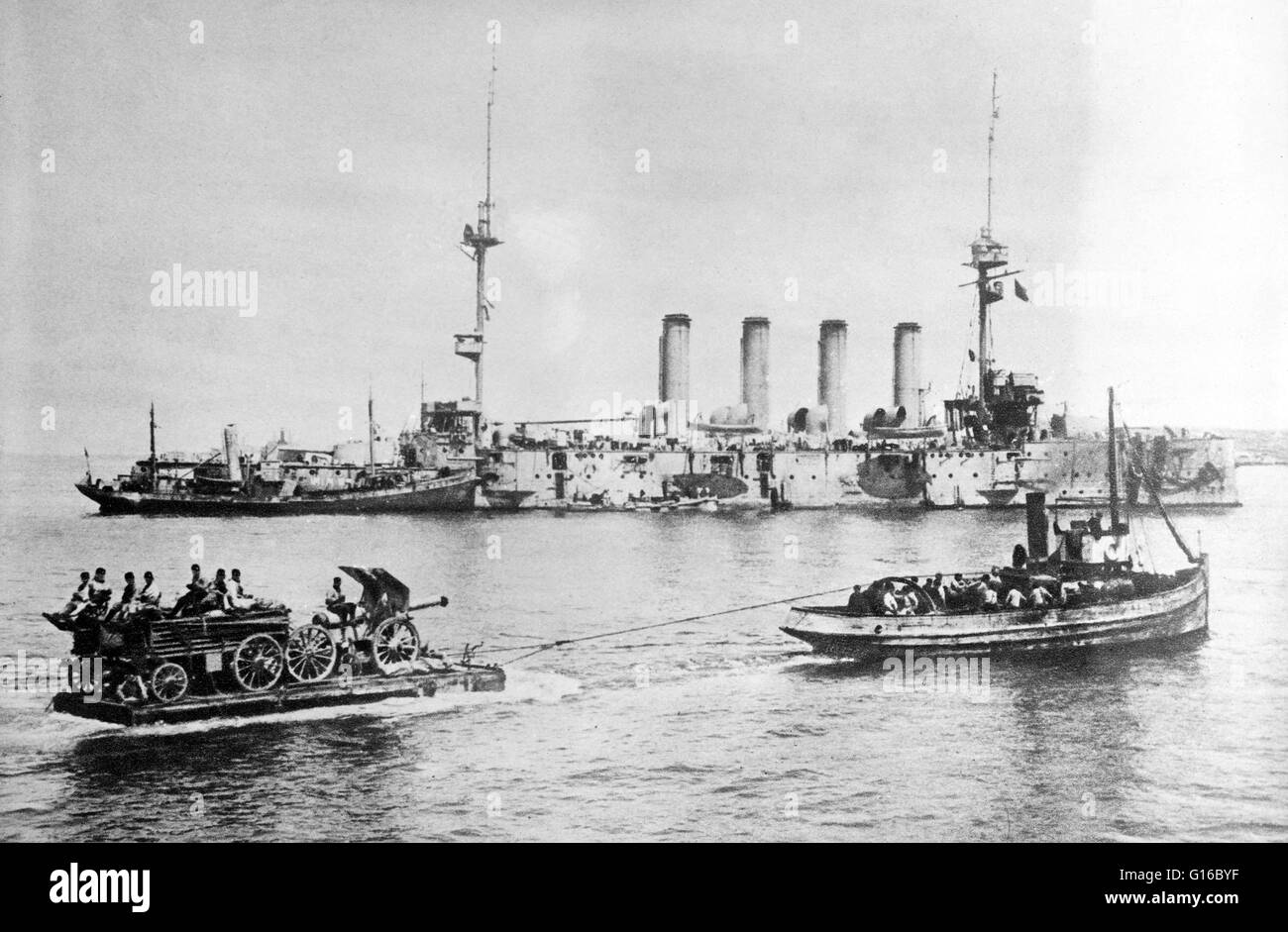 Warships near the Gallipoli Penninsula, Turkey during the Gallipoli Campaign of WWI, 1915. The Battle of Gallipoli was a WWI campaign that took place on the Gallipoli peninsula in the Ottoman Empire (April 25, 1915 - January 9, 1916. The peninsula forms t Stock Photo