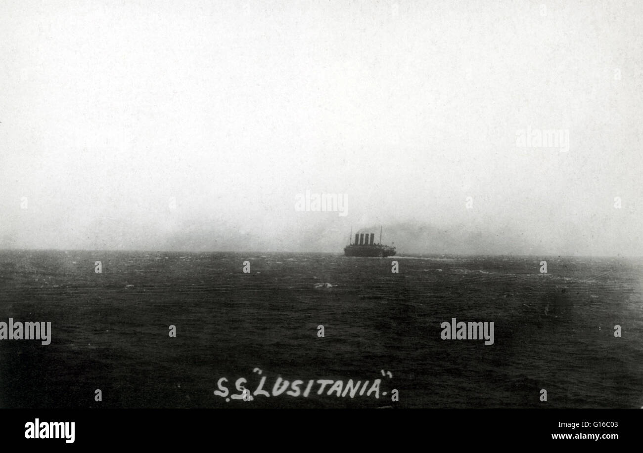 Last photo of the Lusitania taken from the HMS Glory of New York. The sinking of the Cunard ocean liner RMS Lusitania occurred on May 7, 1915 during WWI, as Germany waged submarine warfare against the United Kingdom of Great Britain and Ireland. The ship Stock Photo