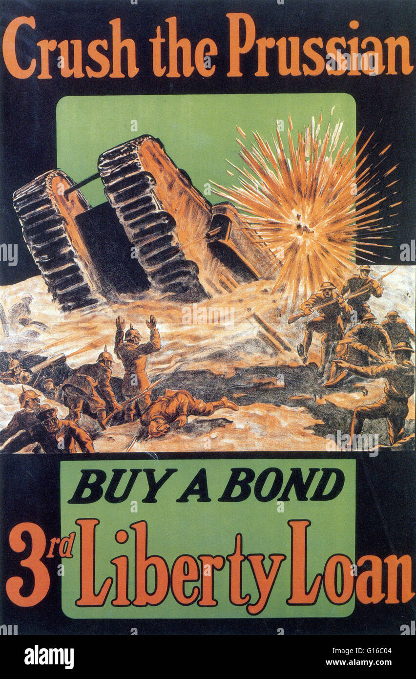 Entitled: 'Crush the Prussian'. A Liberty Bond was a war bond that was sold in the United States to support the allied cause in World War I. Subscribing to the bonds became a symbol of patriotic duty in the United States and introduced the idea of financi Stock Photo