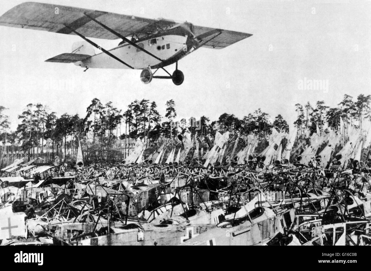 Airplane cemetery in suburb of Berlin. The Versailles treaty did not allow the Germans to keep military aircraft. They were all destroyed. The Treaty of Versailles was one of the peace treaties at the end of WW. It was signed on June 28, 1919, exactly fiv Stock Photo