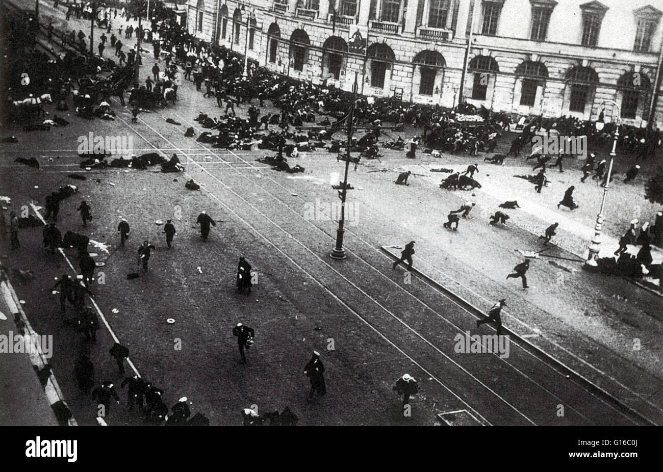 Petrograd (Saint Petersburg), July 17, 1917. Street demonstration on Nevsky Prospekt just after troops of the Provisional Government have opened fire with machine guns. The July Days refers to events in 1917 that took place in Petrograd, Russia, between J Stock Photo