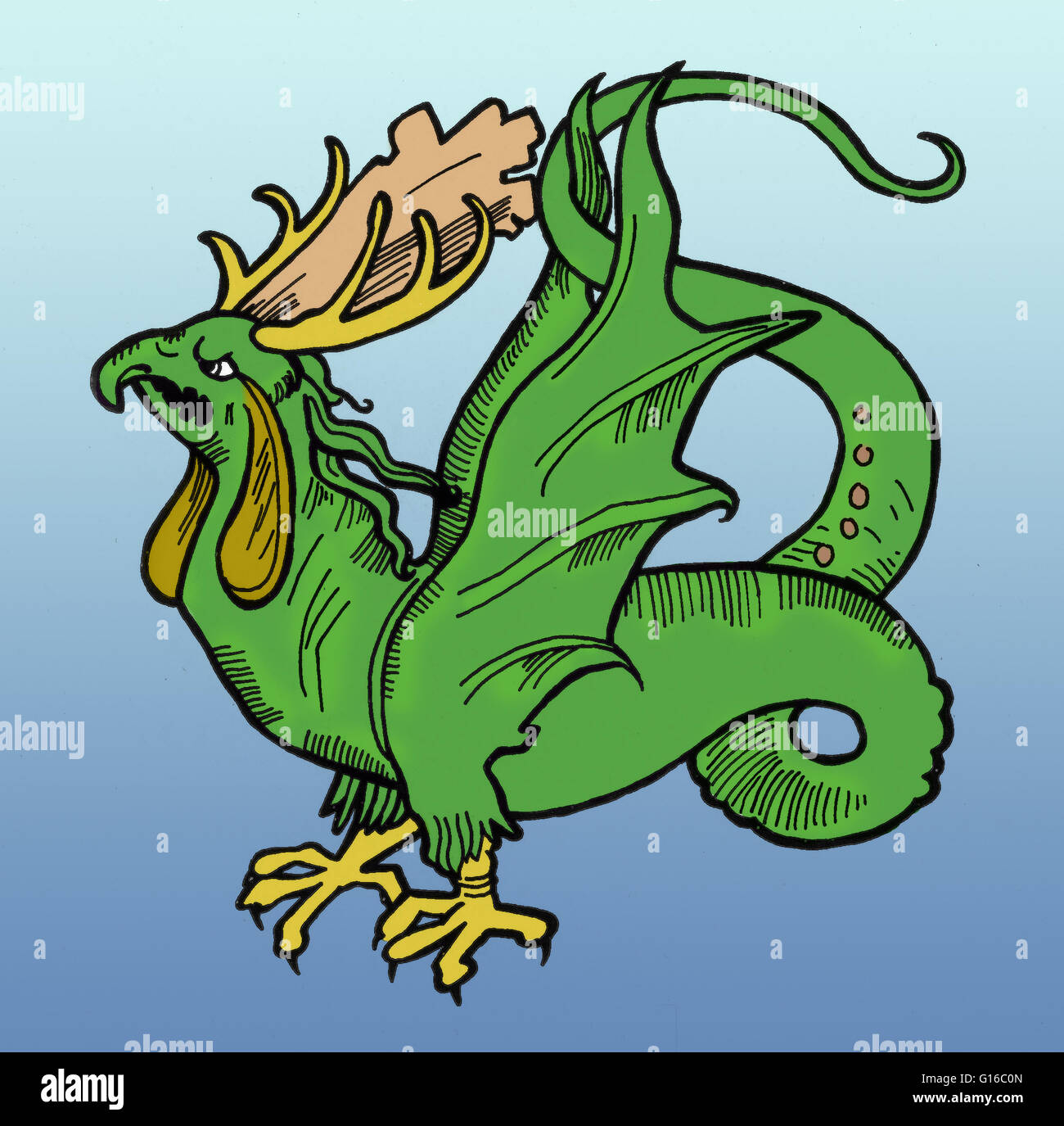 In European bestiaries and legends, a basilisk is a legendary reptile reputed to be king of serpents and said to have the power to cause death with a single glance. The basilisk is called 'king' because it is reputed to have on its head a crown-shaped cre Stock Photo