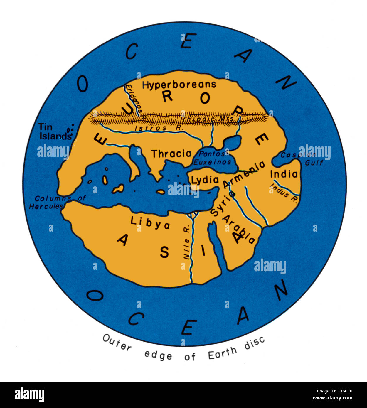 The world as Hippocrates knew it. Map of Hecataeus represents the Mediterranean view of the earth at 500 BC. Hecataeus of Miletus (550 BC - 476 BC), named after the Greek goddess Hecate, was an early Greek historian of a wealthy family. He flourished duri Stock Photo