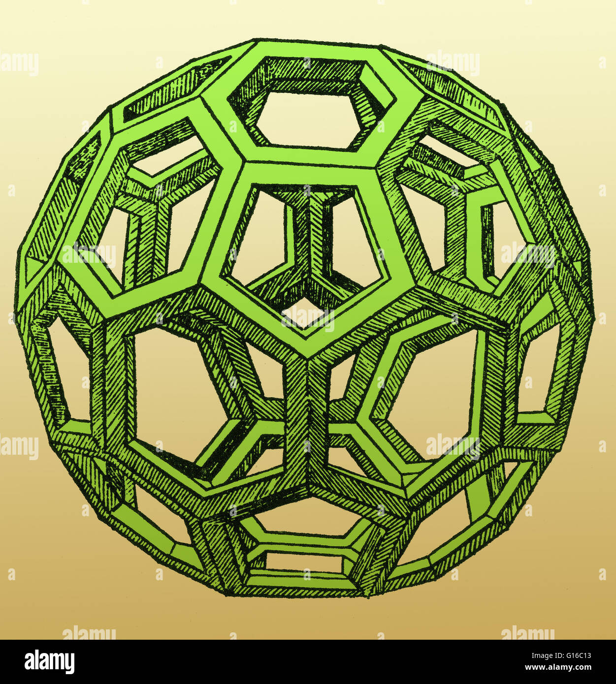 Figure Derived from Icosahedron. De Divina Proportione (About the divine proportions) is a famous book on mathematics written by Luca Pacioli around 1497 in Milan and first printed in 1509. Today only two versions of the original manuscript are believed s Stock Photo
