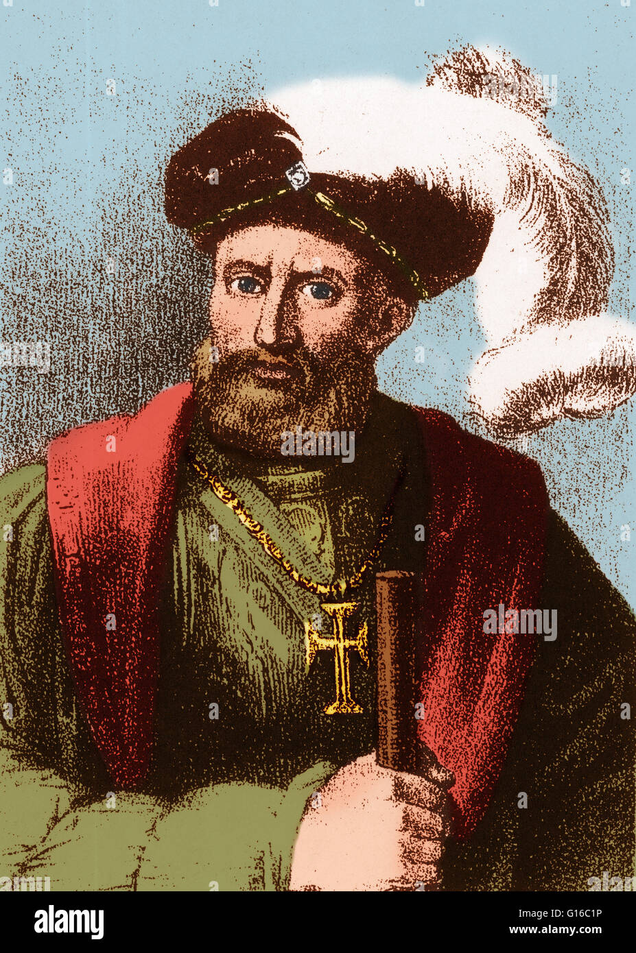 Vasco da Gama (1460 or 1469-1524) was a Portuguese explorer, one of the most successful in the Age of Discovery and the commander of the first ships to sail directly from Europe to India. On da Gama's first voyage, in 1497, he led a fleet of four ships wi Stock Photo